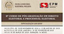 inscrições para o 8º curso de pós-graduação em direito eleitoral e processual eleitoral, ofereci...