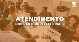 Imagem de atendimento em cartório eleitoral com o texto "Atendimento nos cartórios eleitorais"