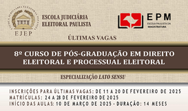 Especialização tem duração de 14 meses; curso é oferecido pela Escola Judiciária Eleitoral Pauli...